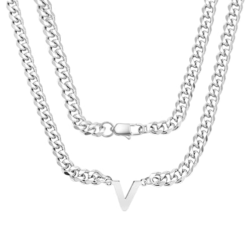 bifriend Silber 26 Buchstaben Initial A-Z Kubanische Link Kette Halskette Geschenk für Männer Jungen Vater Sohn Neffe Freund Mann Geburtstag Weihnachten Vatertag Klassische Panzerkette (V) von bifriend