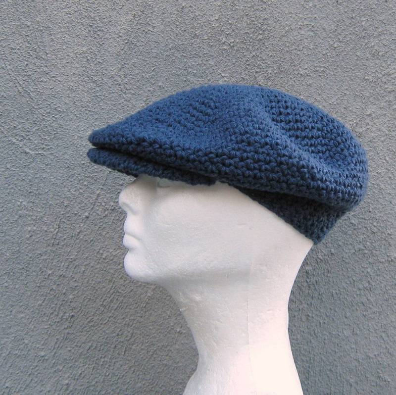 Gehäkelte Fuhrermütze Denim Blauer Baumwoll Newsboy, Handgefertigte Herrenmütze Gehäkelte Fuhrermütze Denim Blauer Baumwoll Newsboy, Handgefertigte Herrenmütze von bigalhats