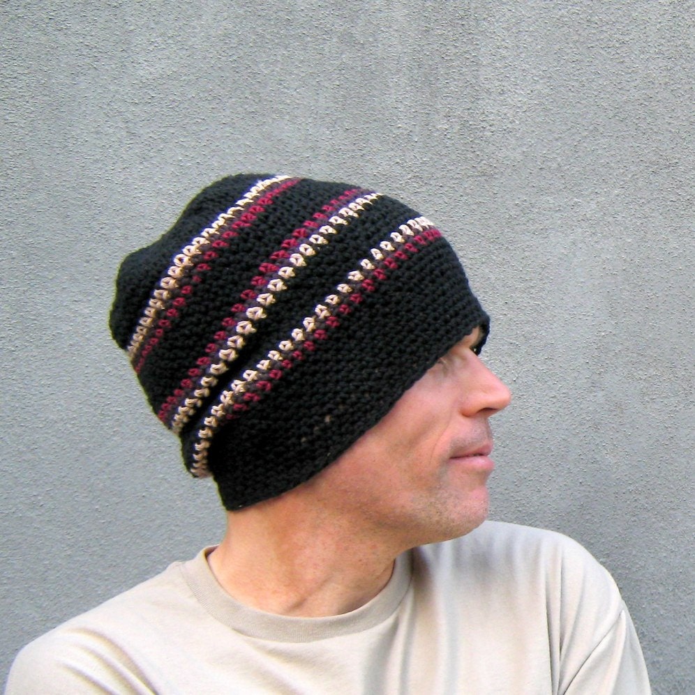Herren Baumwollmütze, Gehäkelte Schwarze Weinrot Gestreifte Lange Beanie von bigalhats