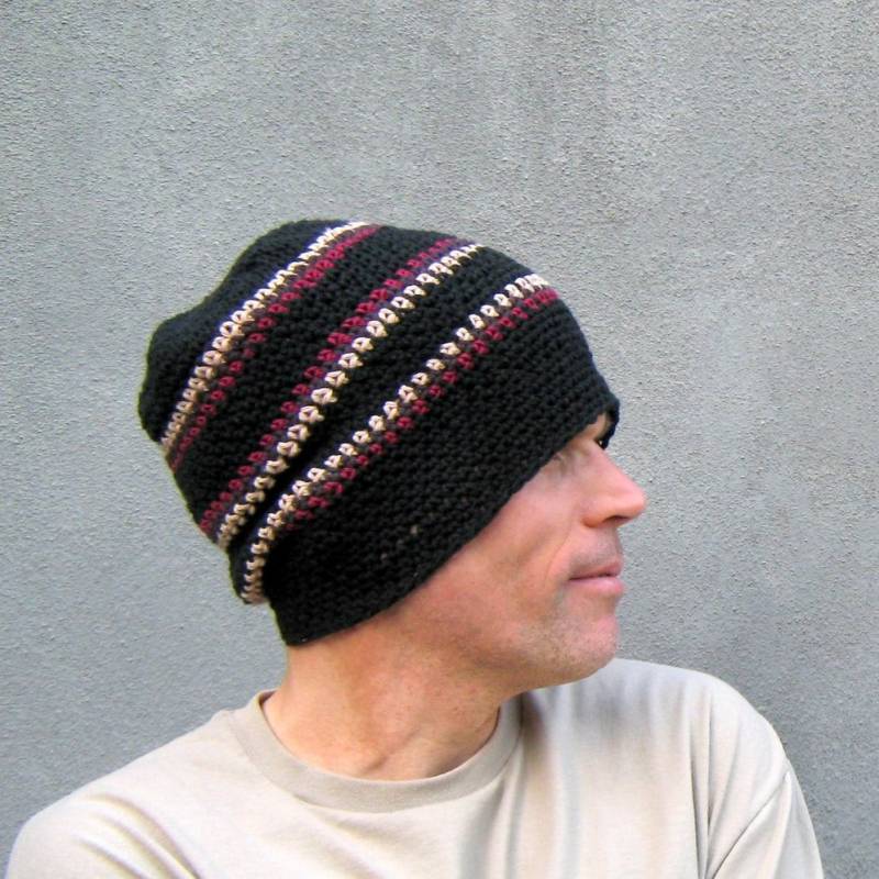 Herren Baumwollmütze, Gehäkelte Schwarze Weinrot Gestreifte Lange Beanie von bigalhats