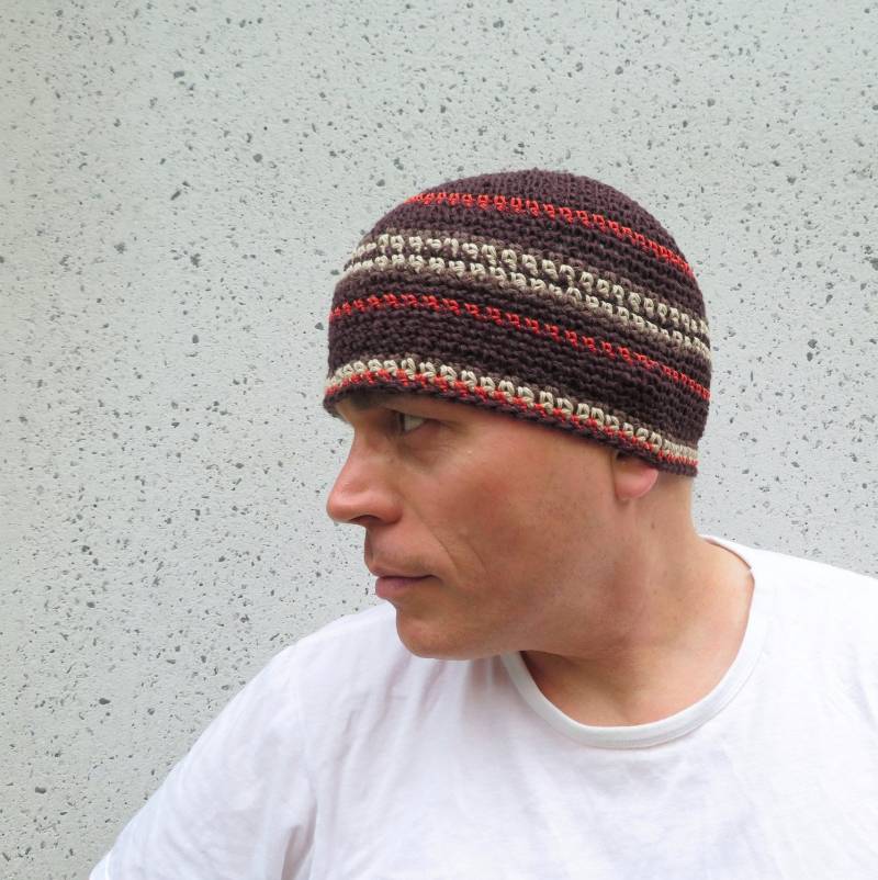 Herren Hanf Beanie, Totenkopf Kappe Dunkelbraun Gestreift Handgehäkelte Mütze von bigalhats