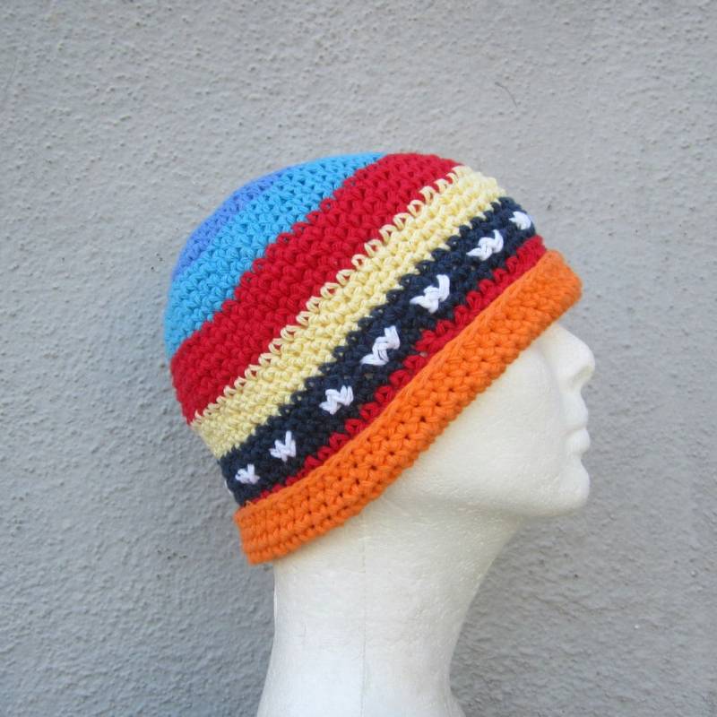 Mehrfarbige Baumwollbeanie, Handgehäkelte Herrenmütze, Jaco-Mütze Mehrfarbige Baumwollbeanie, Handgehäkelte Herrenmütze, Jaco-Mütze von bigalhats