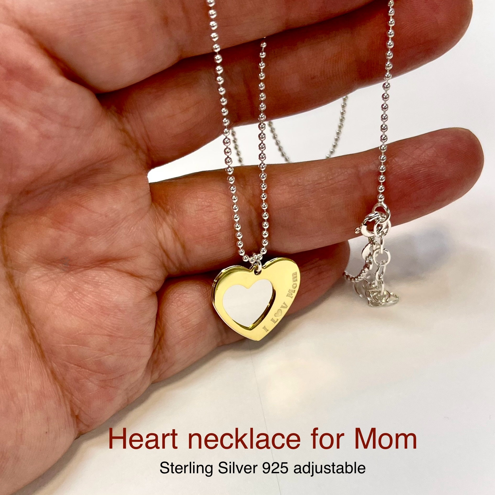 Zweifarbige Sterling Silber Herz Halskette "I Love Mom' Anhänger, Verstellbare Perlenkette Zweifarbige Sterling Silber Herz Halskette "I Love Mom' Anhänger, Verstellbare Perlenkette von bigsilverstars