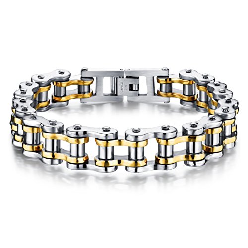 bigsoho Herren Armband Edelstahl Punk Biker Motorrad Armreif Armschmuck (Silber-Gold) von bigsoho