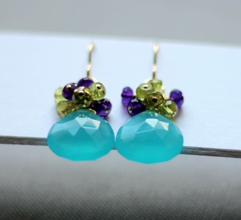 Vergoldete, Aquablaue Chalcedon, Amethyst Und Peridot Ohrringe - 14K Goldfilled Vergoldete, Aquablaue Chalcedon, Amethyst Und Peridot Ohrringe - 14K Goldfilled von bijouxbydesif