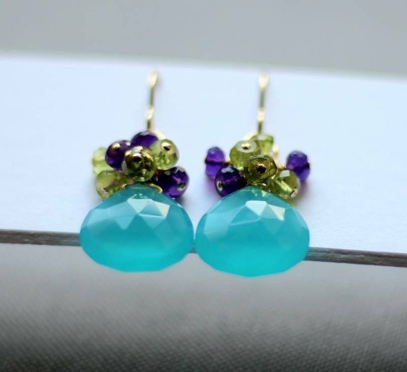 Vergoldete, Aquablaue Chalcedon, Amethyst Und Peridot Ohrringe - 14K Goldfilled Vergoldete, Aquablaue Chalcedon, Amethyst Und Peridot Ohrringe - 14K Goldfilled von bijouxbydesif