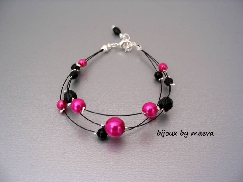 Fuchsia Modeschmuck, Armband Aus Pinkfarbenen Und Schwarzen Perlen, Schmuckset In Fuchsia Modeschmuck, Armband Aus Pinkfarbenen Und Schwarzen Perlen, Schmuckset In von bijouxbymaeva