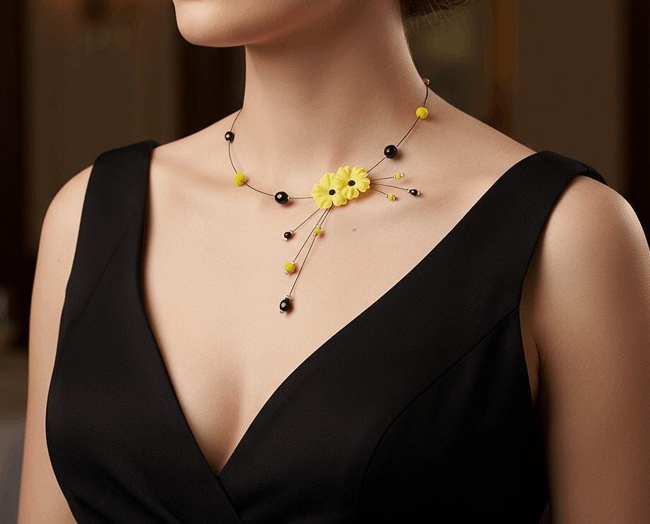 Gelbe Blumenkette Mit Schwarzen Und Gelben Perlen, Gelber Modeschmuck, Individueller Anpassbarer Schmuck von bijouxbymaeva