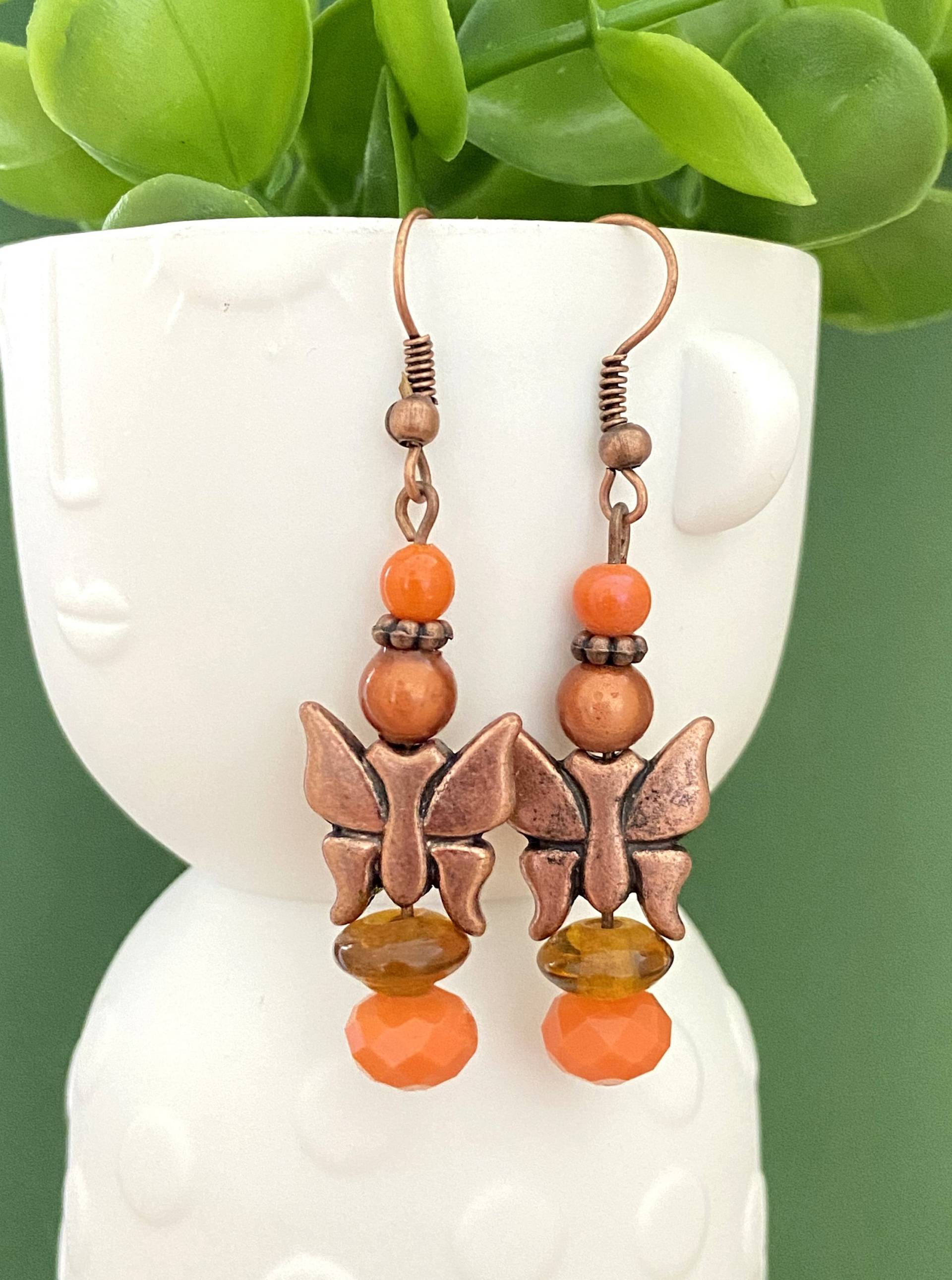Oranger Schmuck, Orange Und Braune Schmetterlingsperlen-Ohrhänger, Damenschmuck Oranger Schmuck, Orange Und Braune Schmetterlingsperlen-Ohrhänger, Damenschmuck von bijouxbymaeva
