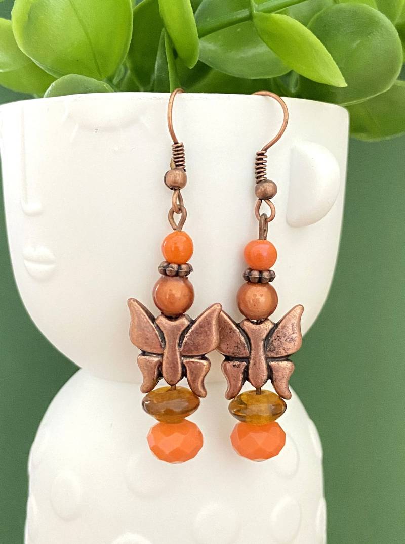 Oranger Schmuck, Orange Und Braune Schmetterlingsperlen-Ohrhänger, Damenschmuck Oranger Schmuck, Orange Und Braune Schmetterlingsperlen-Ohrhänger, Damenschmuck von bijouxbymaeva