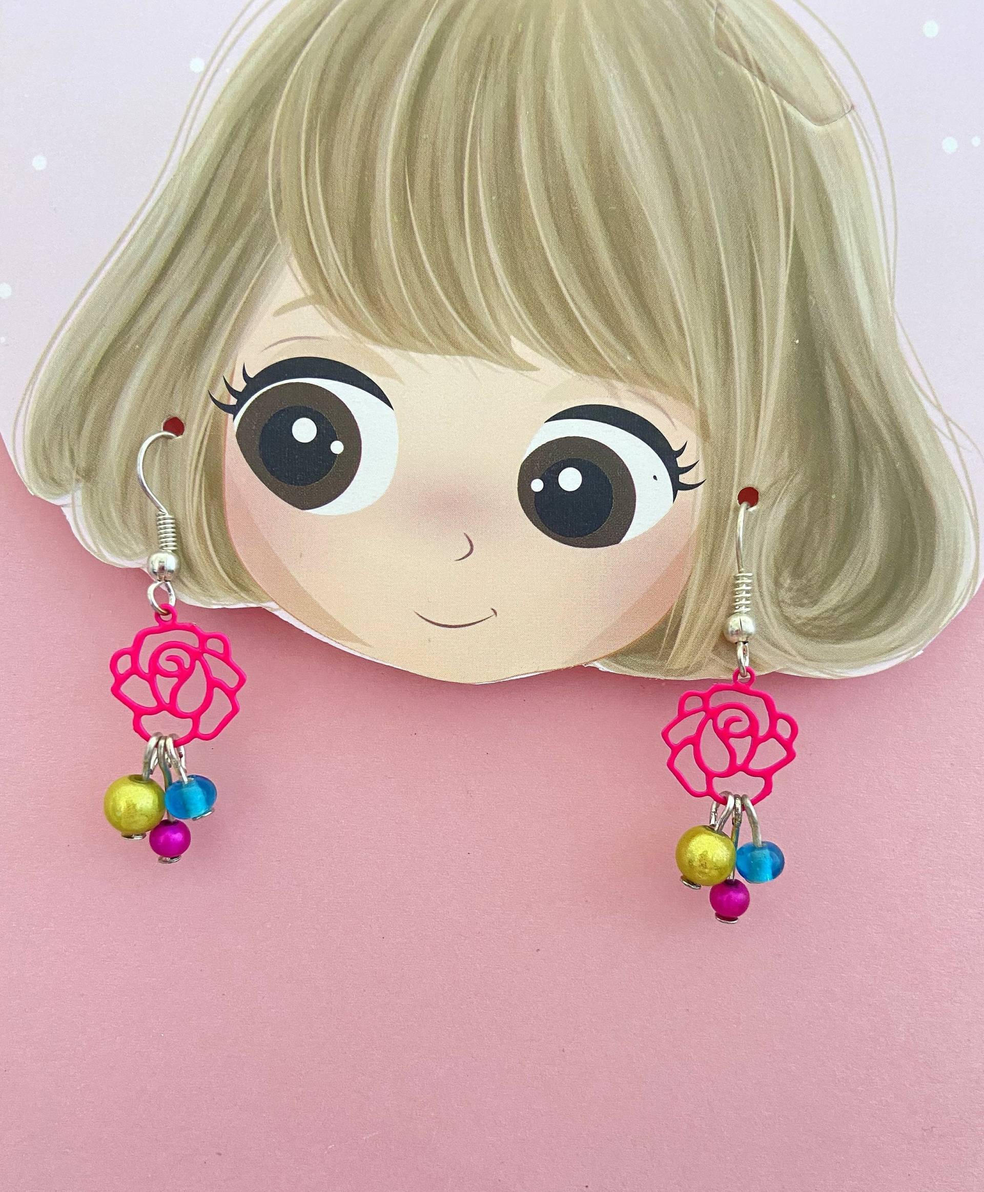 Schmuck Für Kleine Mädchen, Rosa Blumenohrringe Und Türkisfarbene Grüne Perlenanhänger von bijouxbymaeva