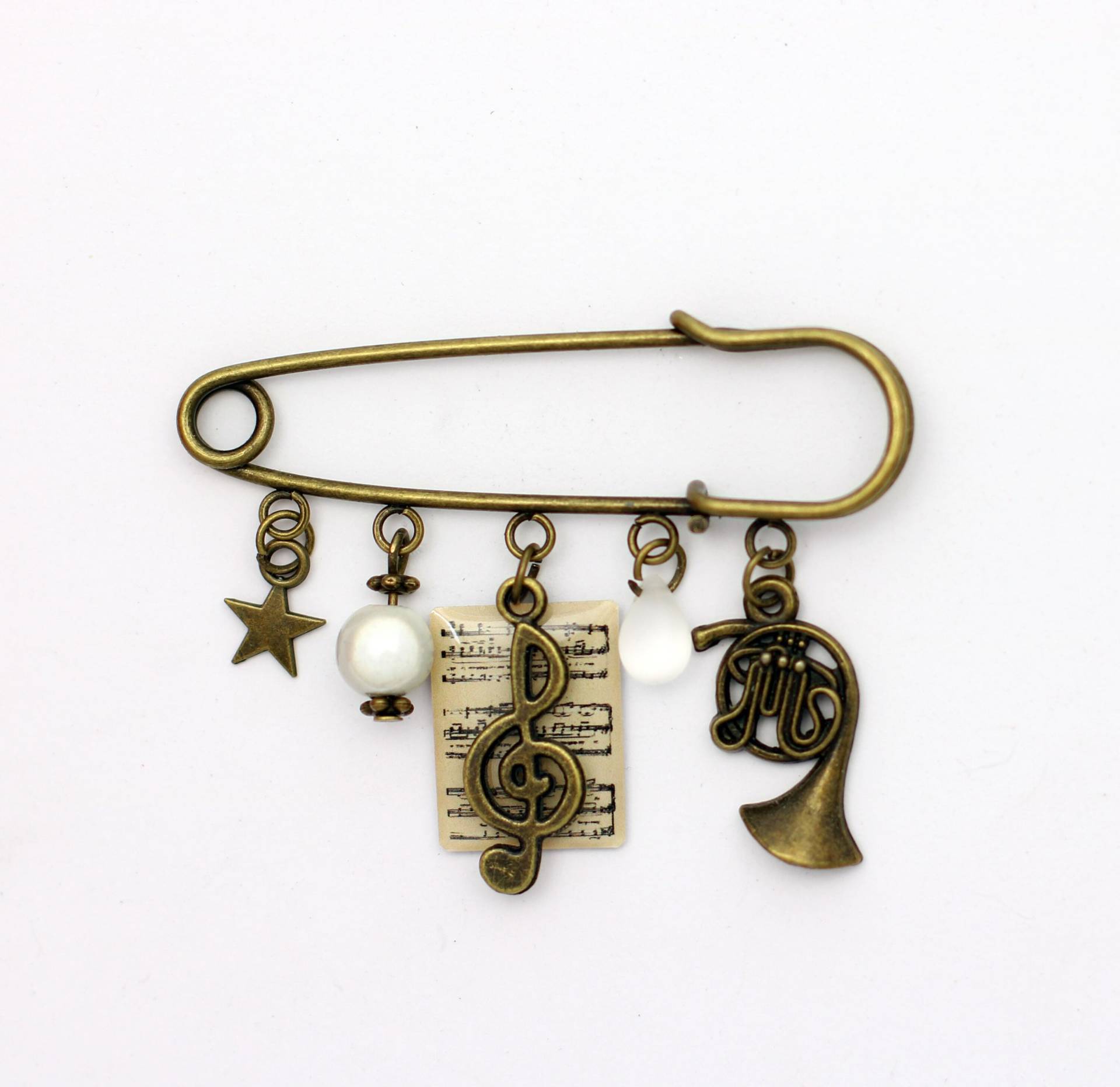 Brosche Aus Messing, Musikthema, Bronzefarben, Musikpartitur, Waldhorn, Musiknote, Stern, Perlmutt von bijouxlafeecameleon