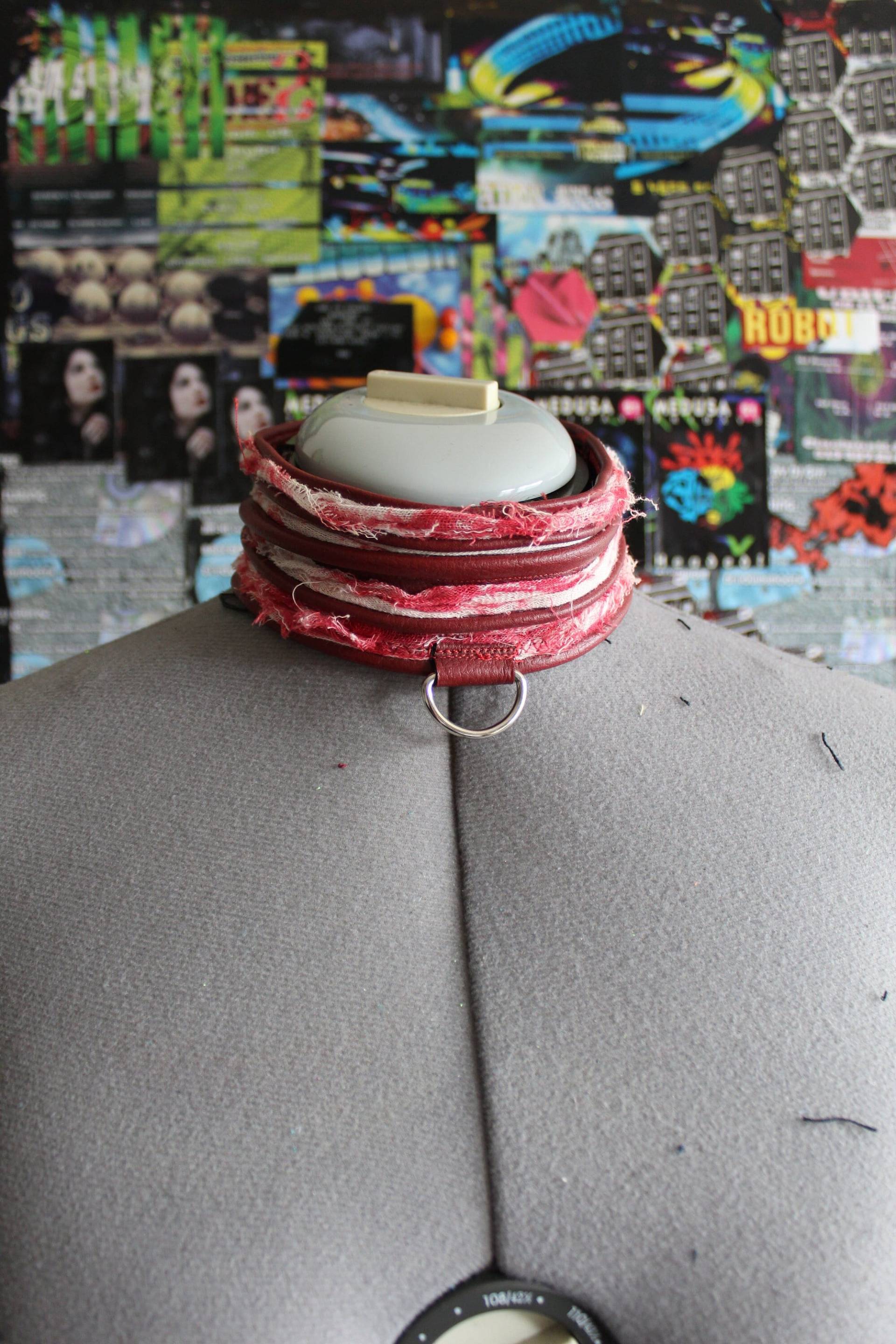 Rot Vinyl Geschnitzter Kragen, Blutiges Bandage-Futter, Fleece-Rücken Rot Vinyl Geschnitzter Kragen, Blutiges Bandage-Futter, Fleece-Rücken von biotic