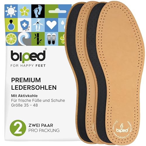 biped 2 Paar Premium Leder Schuheinlagen mit Aktivkohle - Atmungsaktive Sohlen gegen Schweißfüße - Weiche Leder Einlegesohlen Herren und Damen z2763(35) von biped