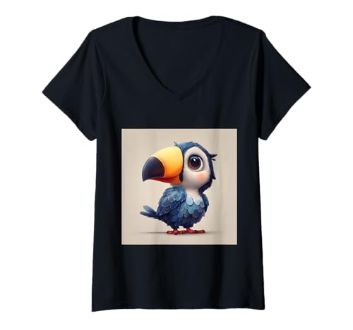 Damen süß, verspielt, übermäßig süßer Tukan im Chibi-Stil T-Shirt mit V-Ausschnitt von bird cute theme