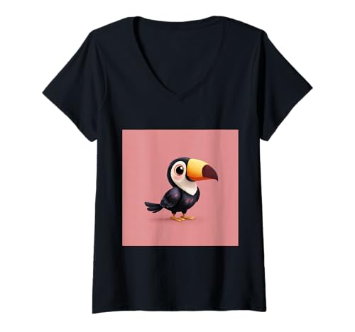 Damen süß, verspielt, übermäßig süßer Tukan im Chibi-Stil T-Shirt mit V-Ausschnitt von bird cute theme