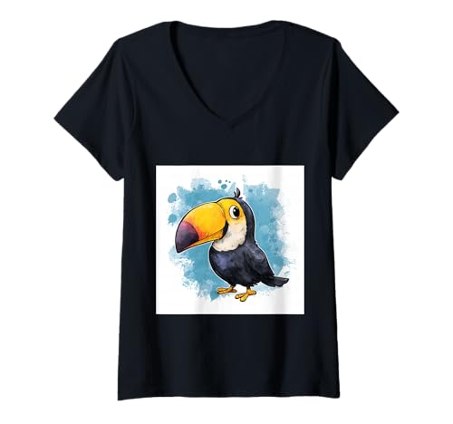 Damen süß, verspielt, übermäßig süßer Tukan im Chibi-Stil T-Shirt mit V-Ausschnitt von bird cute theme