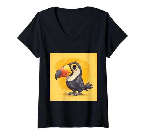 Damen süß, verspielt, übermäßig süßer Tukan im Chibi-Stil T-Shirt mit V-Ausschnitt von bird cute theme