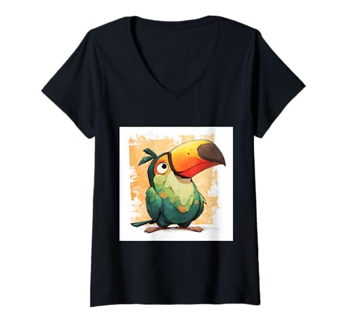 Damen süß, verspielt, übermäßig süßer Tukan im Chibi-Stil T-Shirt mit V-Ausschnitt von bird cute theme