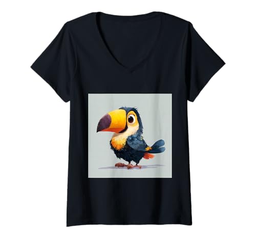 Damen süß, verspielt, übermäßig süßer Tukan im Chibi-Stil T-Shirt mit V-Ausschnitt von bird cute theme