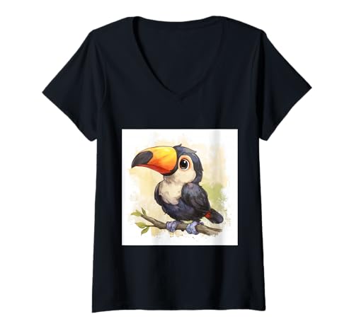 Damen süß, verspielt, übermäßig süßer Tukan im Chibi-Stil T-Shirt mit V-Ausschnitt von bird cute theme