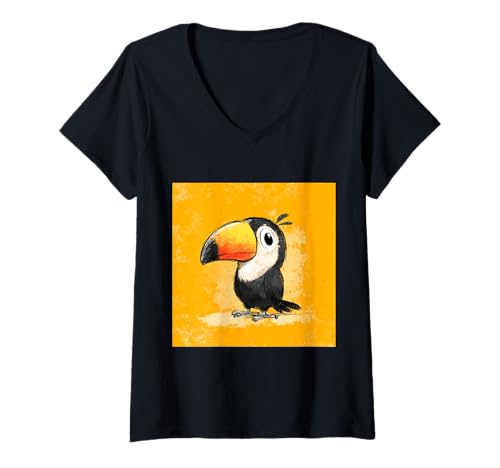 Damen süß, verspielt, übermäßig süßer Tukan im Chibi-Stil T-Shirt mit V-Ausschnitt von bird cute theme