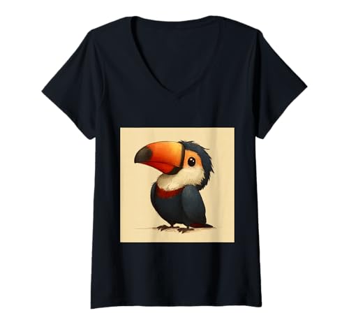 Damen süß, verspielt, übermäßig süßer Tukan im Chibi-Stil T-Shirt mit V-Ausschnitt von bird cute theme
