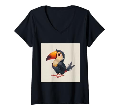 Damen süß, verspielt, übermäßig süßer Tukan im Chibi-Stil T-Shirt mit V-Ausschnitt von bird cute theme
