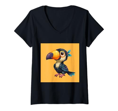 Damen süß, verspielt, übermäßig süßer Tukan im Chibi-Stil T-Shirt mit V-Ausschnitt von bird cute theme