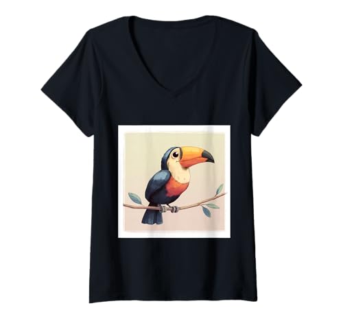 Damen süß, verspielt, übermäßig süßer Tukan im Chibi-Stil T-Shirt mit V-Ausschnitt von bird cute theme