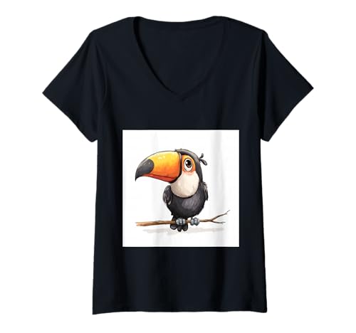 Damen süß, verspielt, übermäßig süßer Tukan im Chibi-Stil T-Shirt mit V-Ausschnitt von bird cute theme