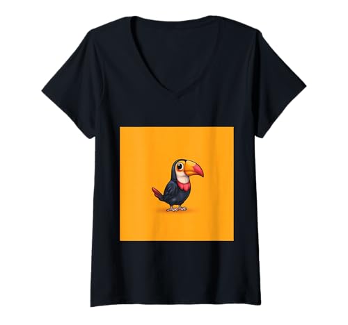 Damen süß, verspielt, übermäßig süßer Tukan im Chibi-Stil T-Shirt mit V-Ausschnitt von bird cute theme