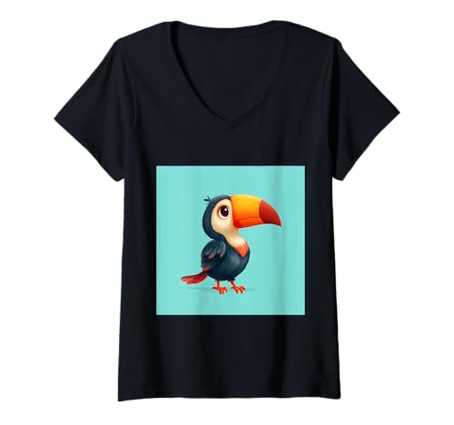 Damen süß, verspielt, übermäßig süßer Tukan im Chibi-Stil T-Shirt mit V-Ausschnitt von bird cute theme