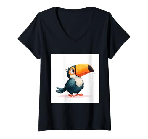 Damen süß, verspielt, übermäßig süßer Tukan im Chibi-Stil T-Shirt mit V-Ausschnitt von bird cute theme