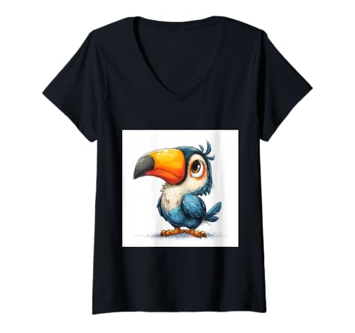 Damen süß, verspielt, übermäßig süßer Tukan im Chibi-Stil T-Shirt mit V-Ausschnitt von bird cute theme