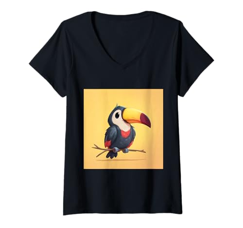 Damen süß, verspielt, übermäßig süßer Tukan im Chibi-Stil T-Shirt mit V-Ausschnitt von bird cute theme