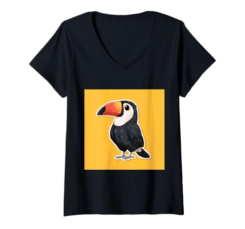 Damen süß, verspielt, übermäßig süßer Tukan im Chibi-Stil T-Shirt mit V-Ausschnitt von bird cute theme