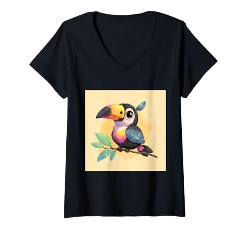 Damen süß, verspielt, übermäßig süßer Tukan im Chibi-Stil T-Shirt mit V-Ausschnitt von bird cute theme