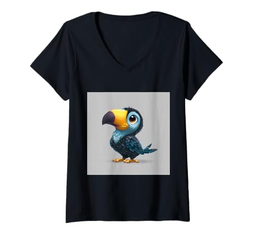 Damen süß, verspielt, übermäßig süßer Tukan im Chibi-Stil T-Shirt mit V-Ausschnitt von bird cute theme