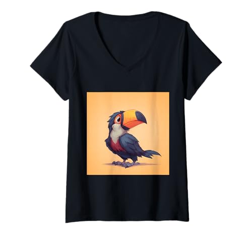 Damen süß, verspielt, übermäßig süßer Tukan im Chibi-Stil T-Shirt mit V-Ausschnitt von bird cute theme