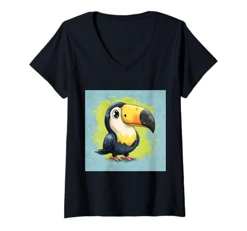 Damen süß, verspielt, übermäßig süßer Tukan im Chibi-Stil T-Shirt mit V-Ausschnitt von bird cute theme