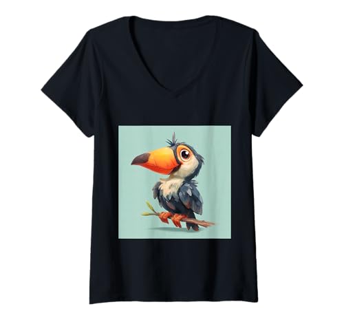 Damen süß, verspielt, übermäßig süßer Tukan im Chibi-Stil T-Shirt mit V-Ausschnitt von bird cute theme