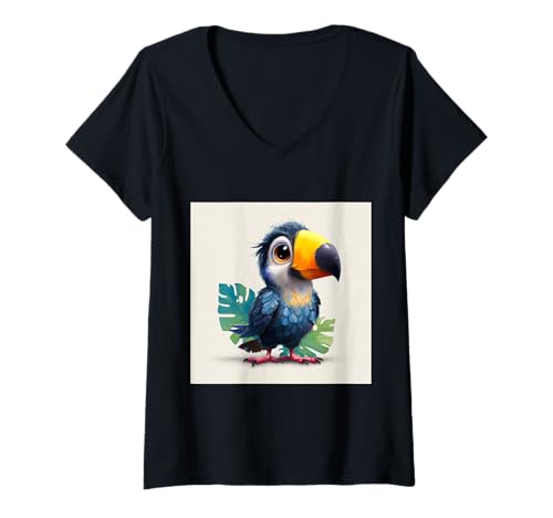 Damen süß, verspielt, übermäßig süßer Tukan im Chibi-Stil T-Shirt mit V-Ausschnitt von bird cute theme