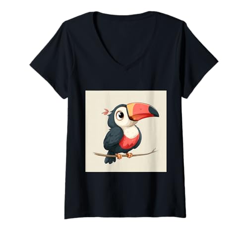 Damen süß, verspielt, übermäßig süßer Tukan im Chibi-Stil T-Shirt mit V-Ausschnitt von bird cute theme