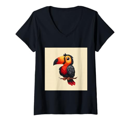 Damen süß, verspielt, übermäßig süßer Tukan im Chibi-Stil T-Shirt mit V-Ausschnitt von bird cute theme