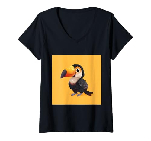 Damen süß, verspielt, übermäßig süßer Tukan im Chibi-Stil T-Shirt mit V-Ausschnitt von bird cute theme