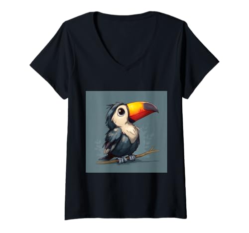 Damen süß, verspielt, übermäßig süßer Tukan im Chibi-Stil T-Shirt mit V-Ausschnitt von bird cute theme