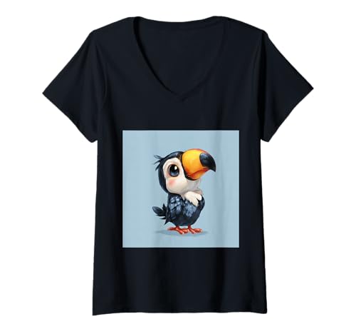 Damen süß, verspielt, übermäßig süßer Tukan im Chibi-Stil T-Shirt mit V-Ausschnitt von bird cute theme