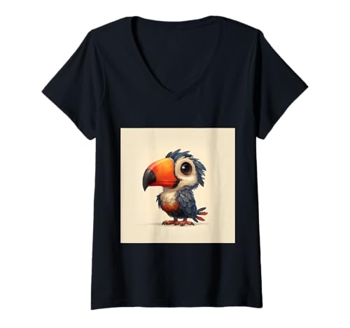 Damen süß, verspielt, übermäßig süßer Tukan im Chibi-Stil T-Shirt mit V-Ausschnitt von bird cute theme