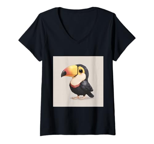 Damen süß, verspielt, übermäßig süßer Tukan im Chibi-Stil T-Shirt mit V-Ausschnitt von bird cute theme